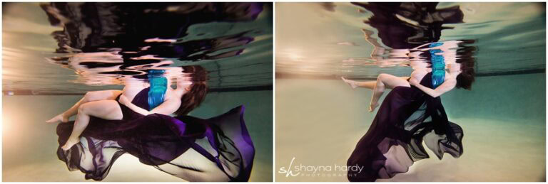 Two images of a woman in a flowing dress posing underwater, with reflections on the water's surface above her. Image by Shayna Hardy Photography Maryland.