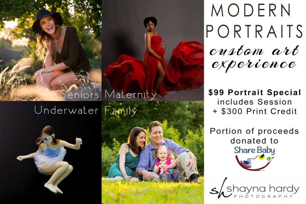 Promotional collage for Shayna Hardy Photography featuring various modern portraits including seniors, maternity, underwater, and family, along with pricing and donation details. Image by Shayna Hardy Photography Maryland.